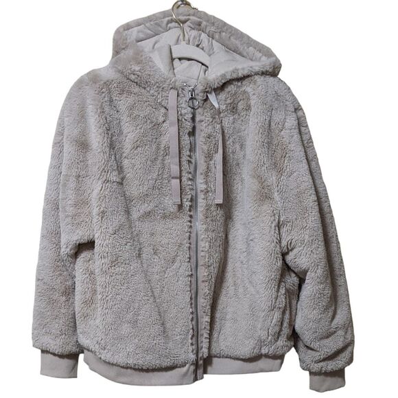 Athleta Ritual faux fur hooded sherpa bomber full zip jacket abalone beige M/L - Picture 12 of 12